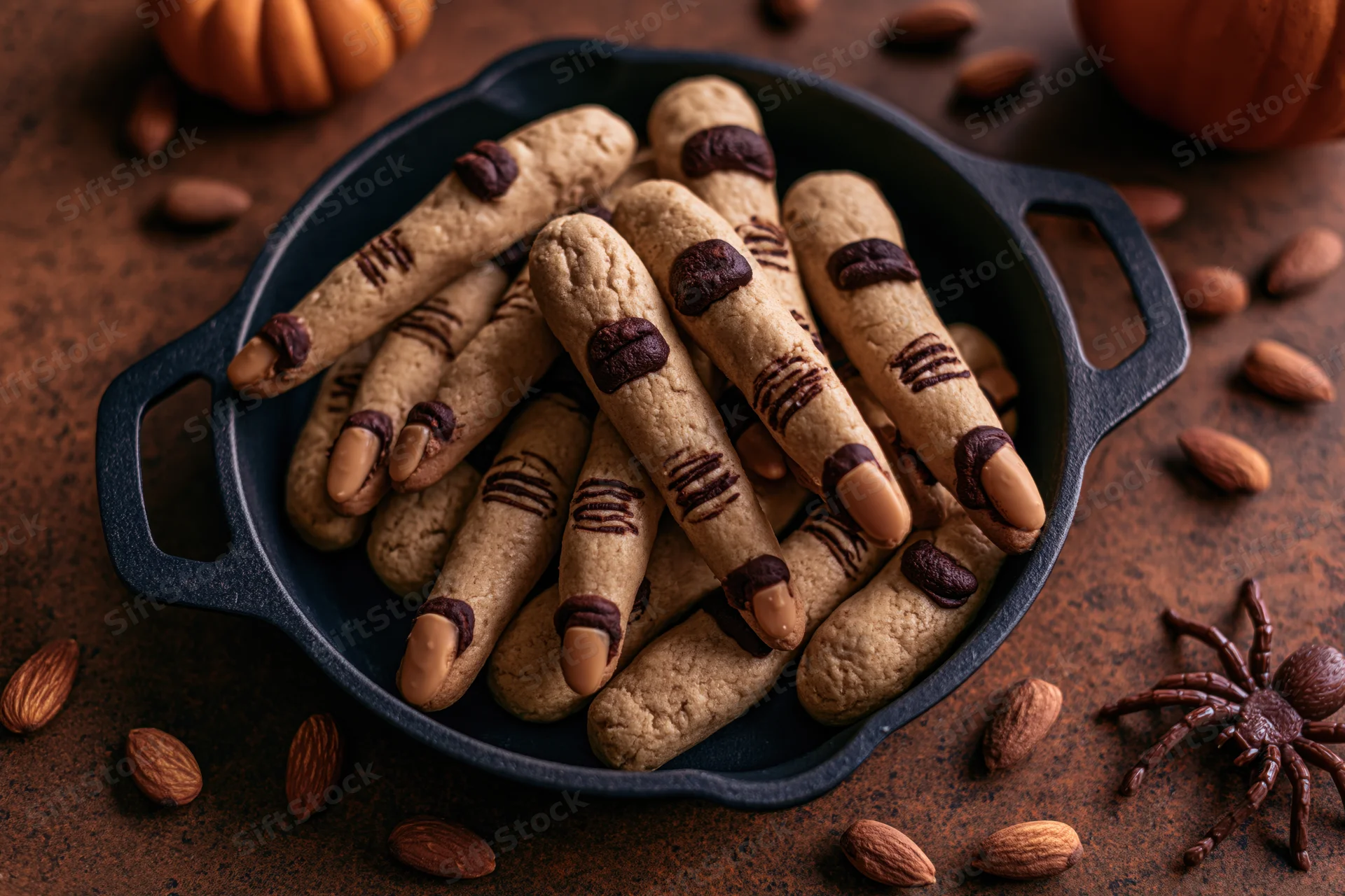 Witch finger cookies arranged in a cast-iron pan with pumpkins and almonds around on a dark rustic surface