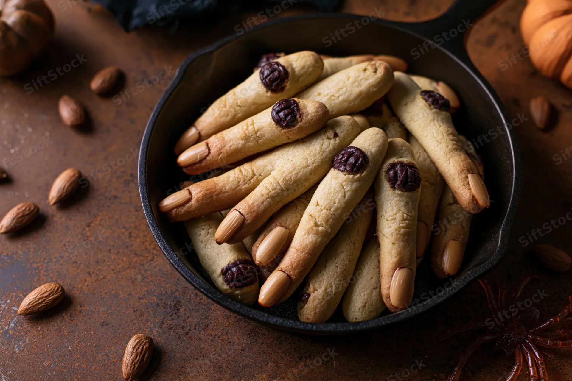 Witch finger cookies in a cast iron skillet surrounded by almonds and halloween decorations