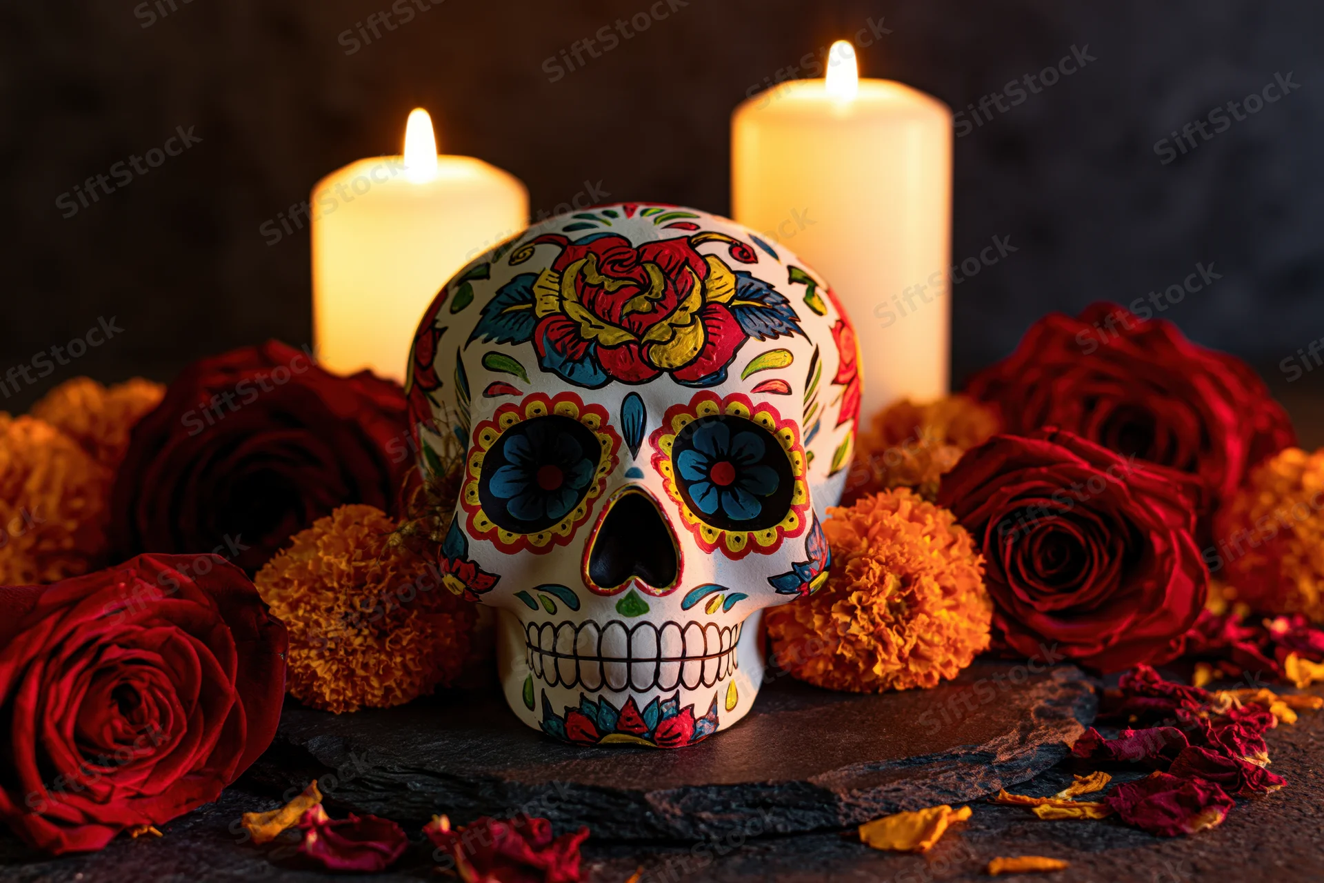 Hand-painted sugar skull decorated with colorful flowers and candles on a dark surface surrounded by marigolds and roses