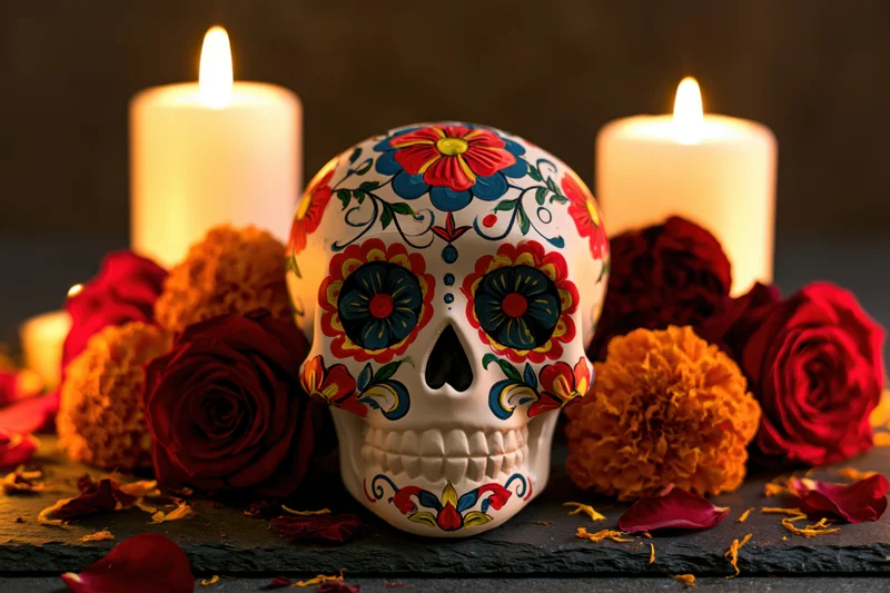 Decorated sugar skull with candles and marigolds on dark surface