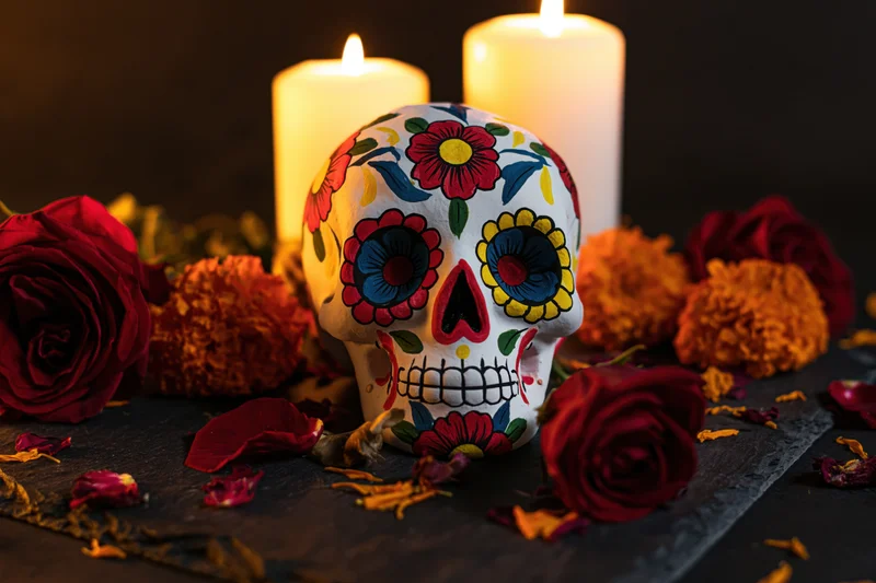 Hand-painted sugar skull decorated with colorful flowers and surrounded by candles and marigolds on a dark stone surface