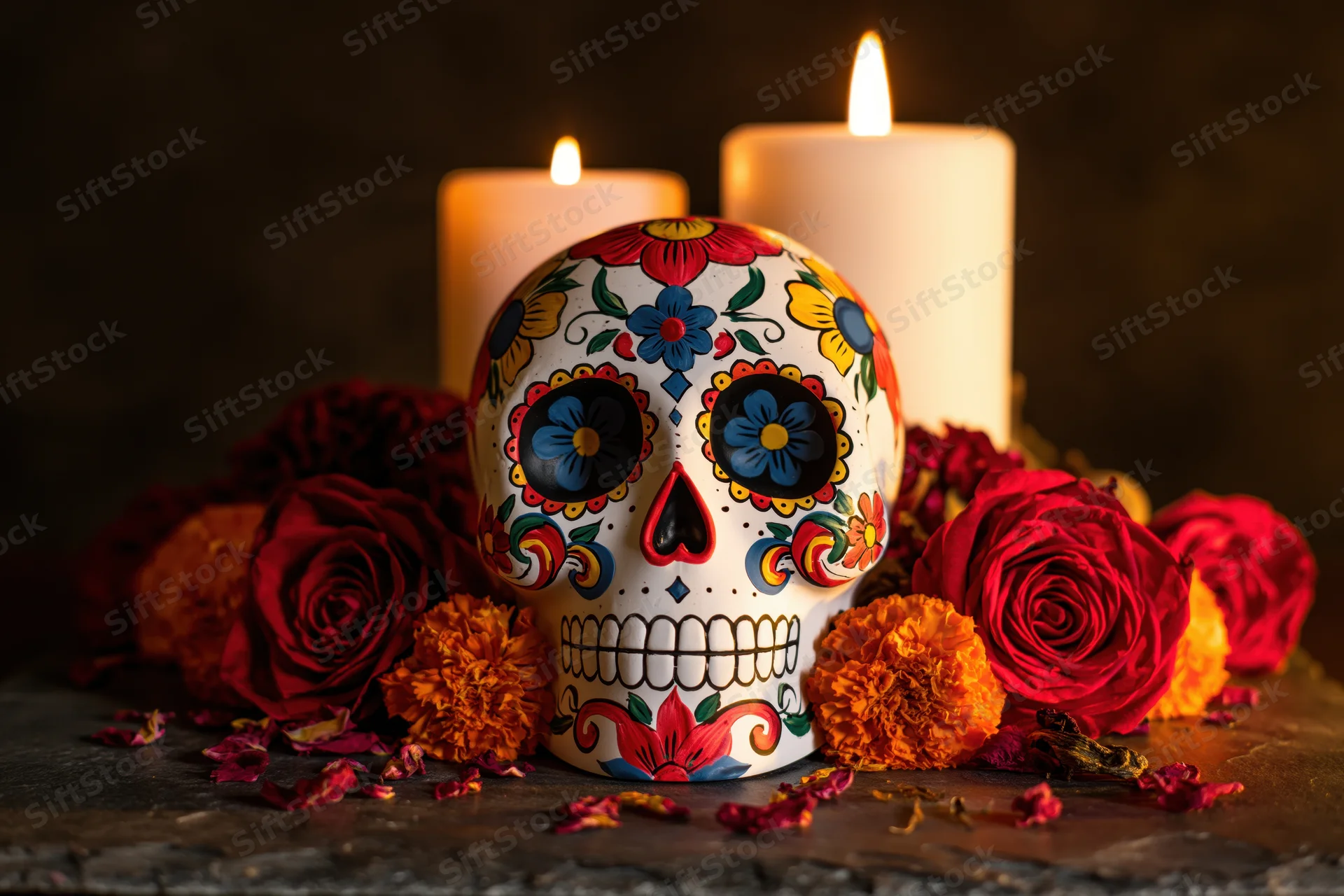 Hand-painted mexican sugar skull with candles and flowers on stone surface