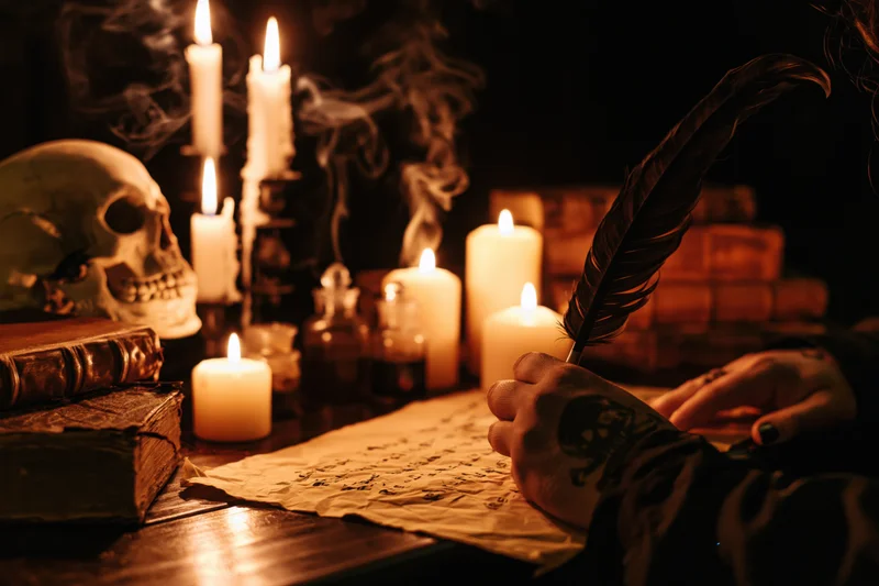Hand writing with a quill on aged parchment by candlelight at a dark table with skull and books