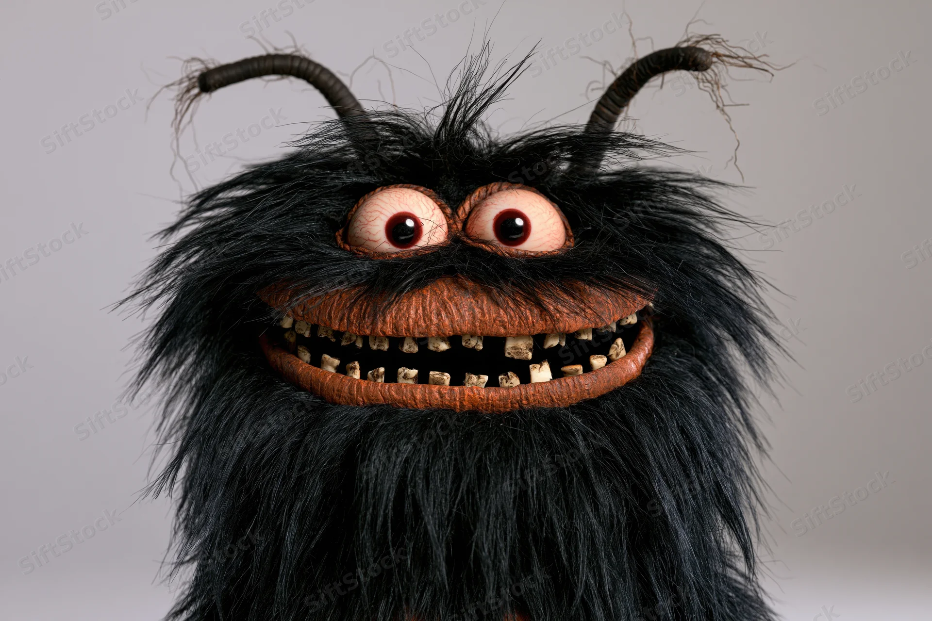 Handmade monster puppet with wild black fur, bulging bloodshot eyes, and a wide grin, isolated on white background