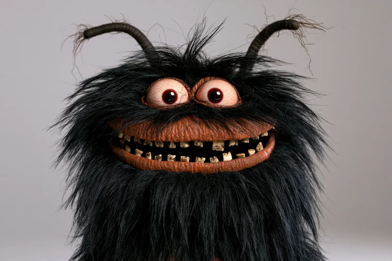 Handmade monster puppet with wild black fur, bulging bloodshot eyes, and a wide grin, isolated on white background