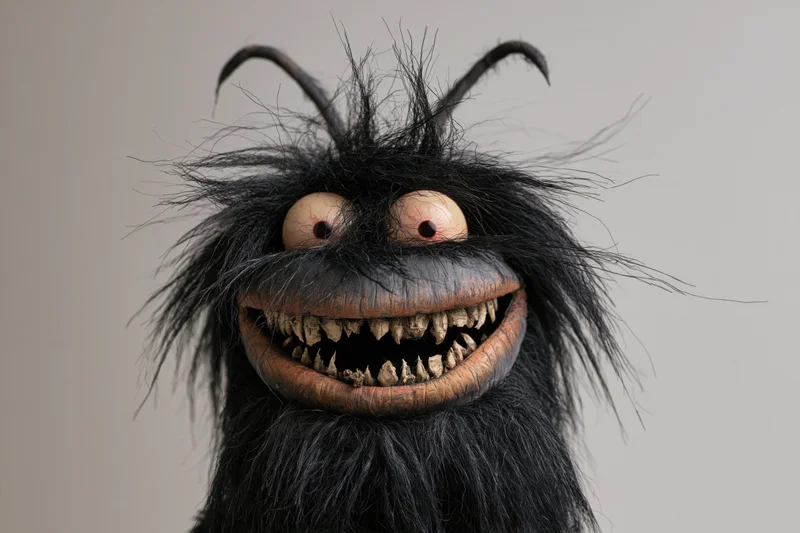 Handmade monster puppet with wild black fur and bulging bloodshot eyes grinning widely