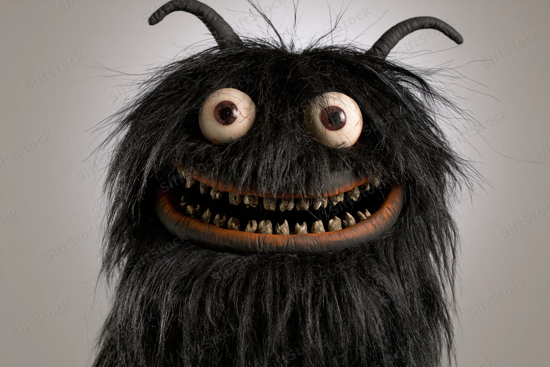Closeup of handmade monster puppet with wild black fur, bulging bloodshot eyes, and sharp teeth in a wide grin