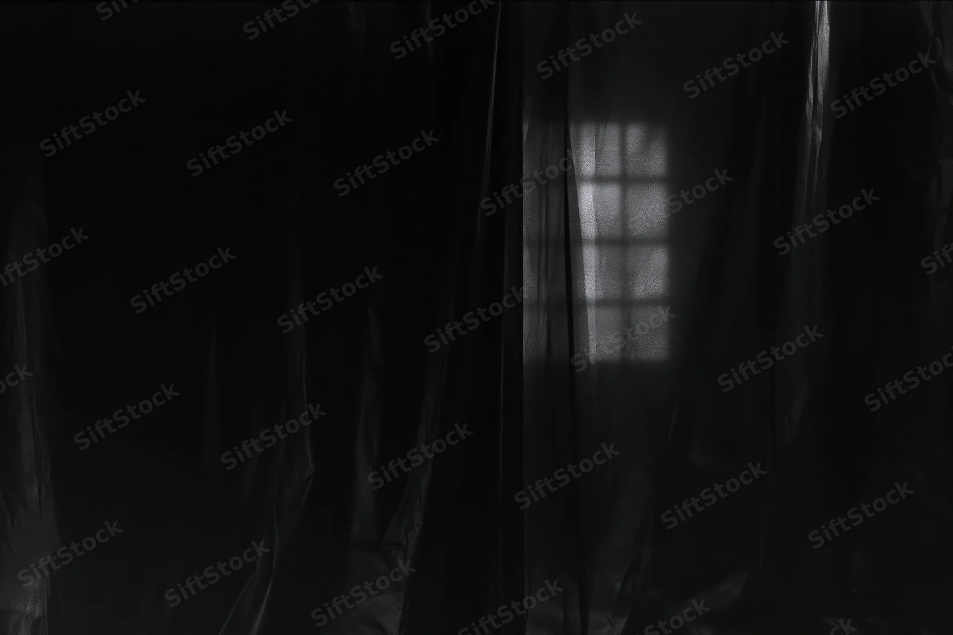 Dark plastic sheeting hanging in vertical folds inside a dim interior with light filtering through a window