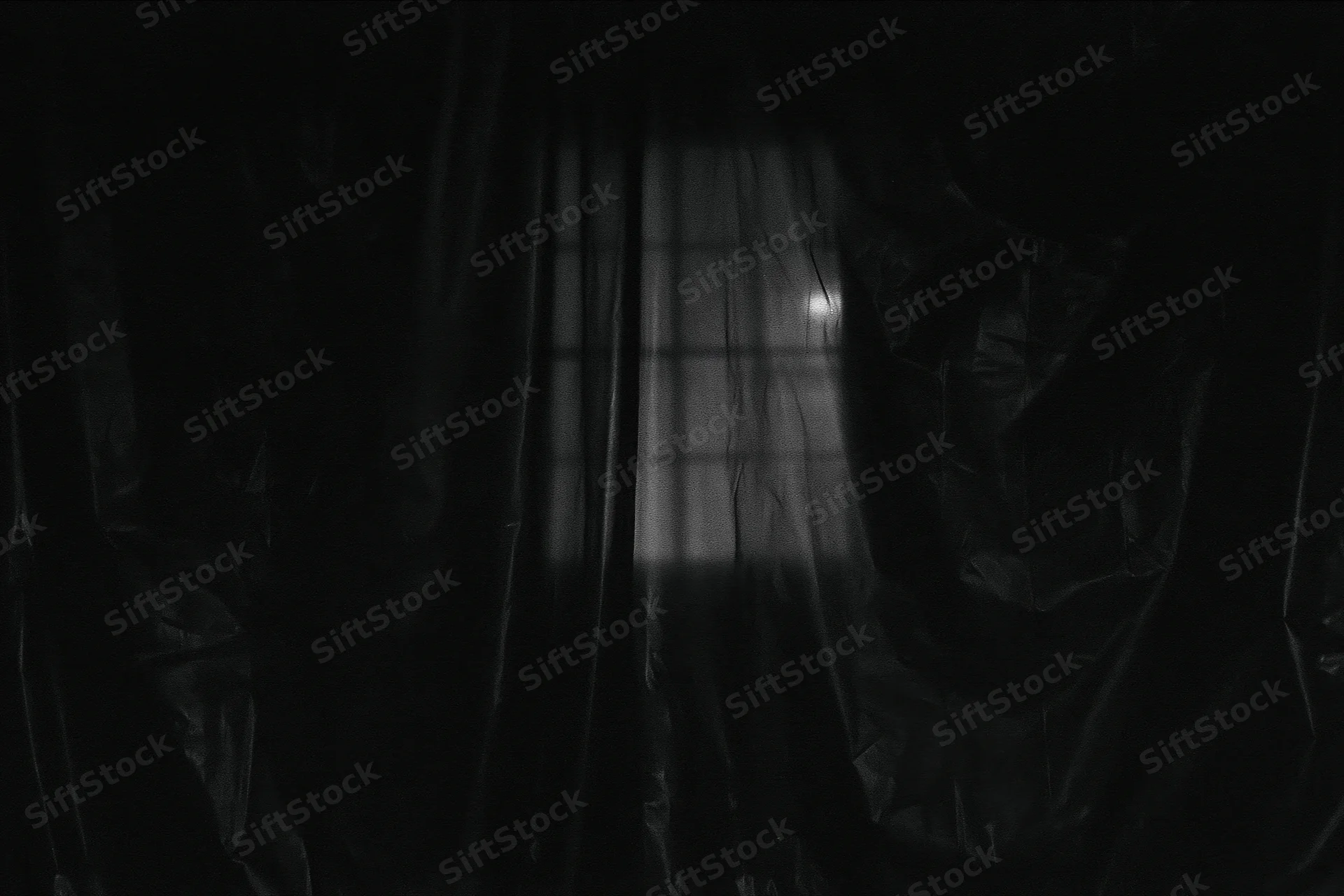 Dark plastic sheeting hanging in vertical folds inside a dimly lit space with light filtering through a grid-patterned window