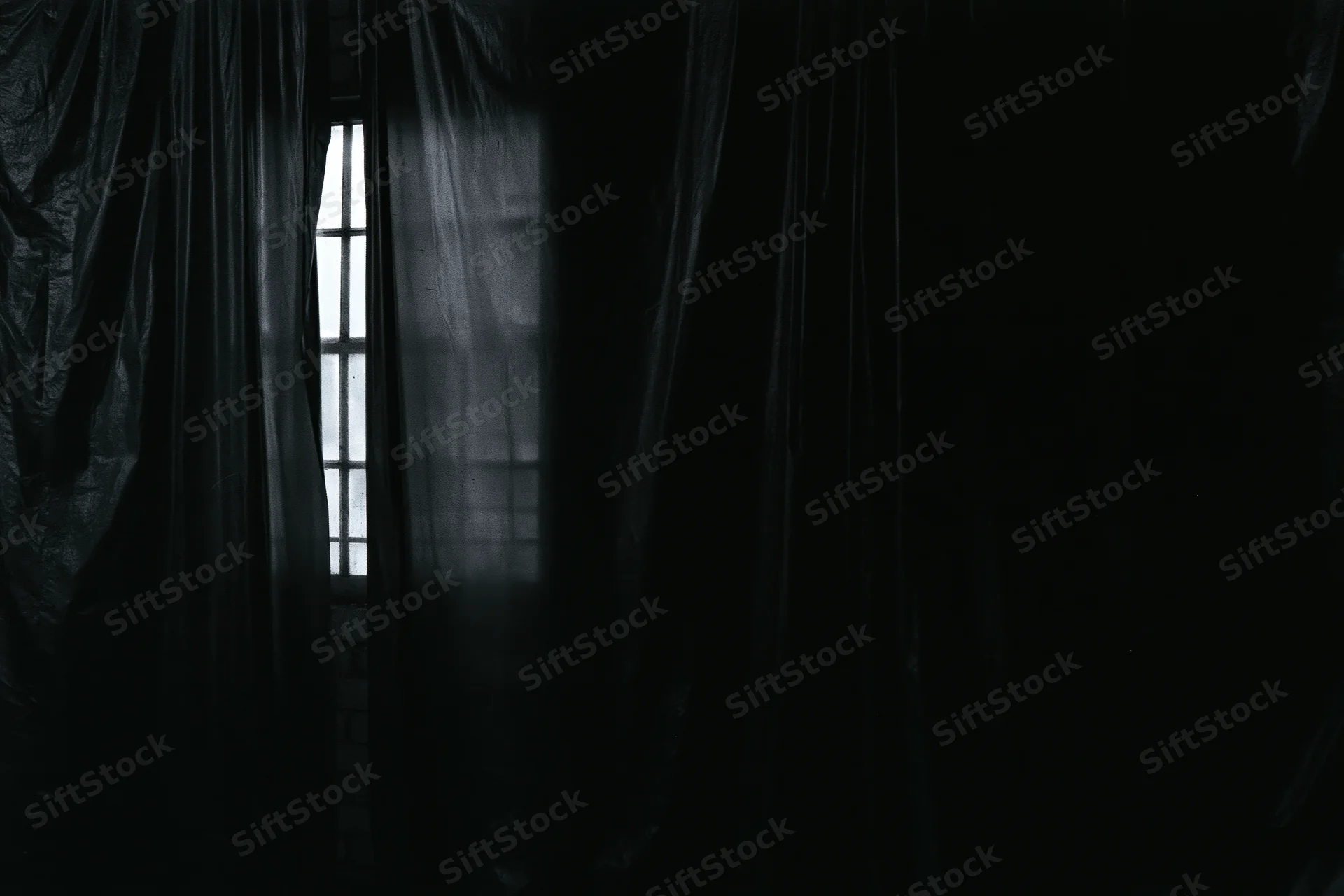 Dark plastic sheeting hanging in vertical folds inside a dim interior with light filtering through a window
