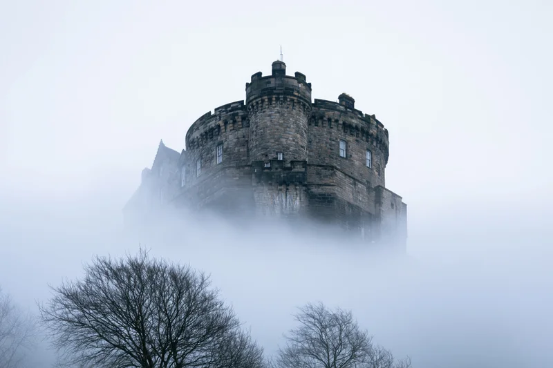 Historic stone castle with round crenellated tower emerging from fog above bare trees