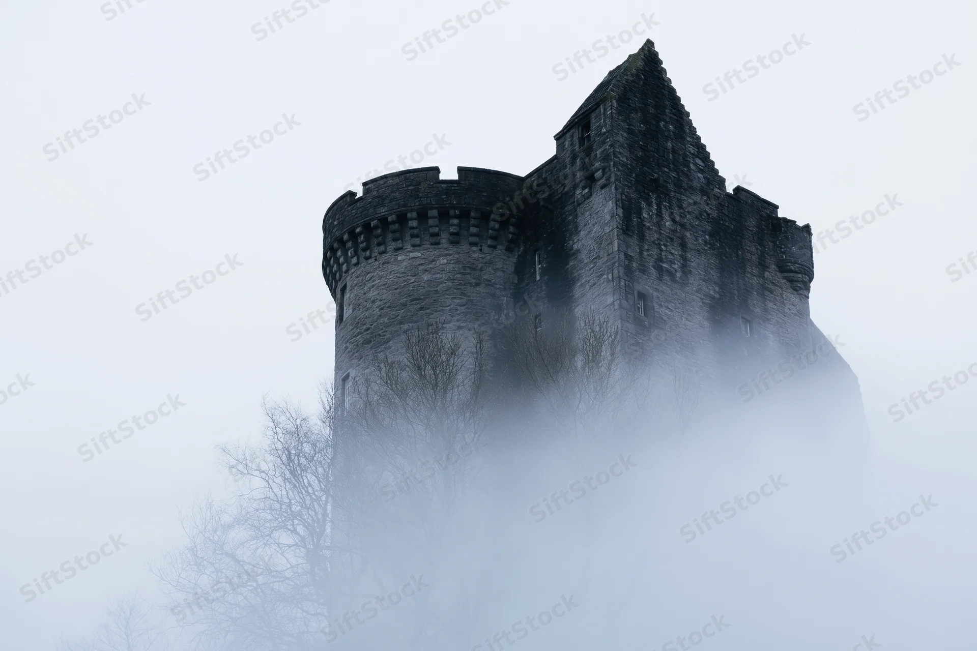 Historic scottish stone castle with round crenellated tower emerging from fog