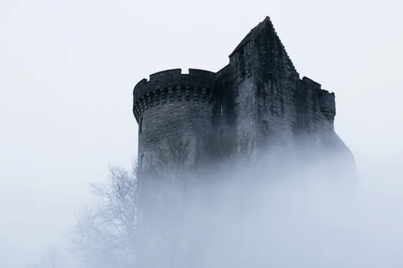 Historic scottish stone castle with round crenellated tower emerging from fog