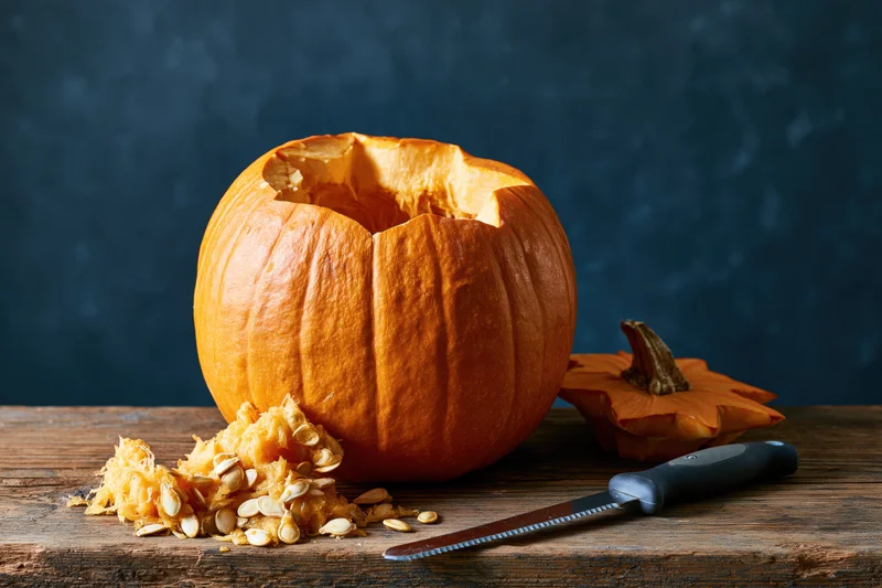 Hollowed pumpkin with removed lid and seeds on wooden table beside knife