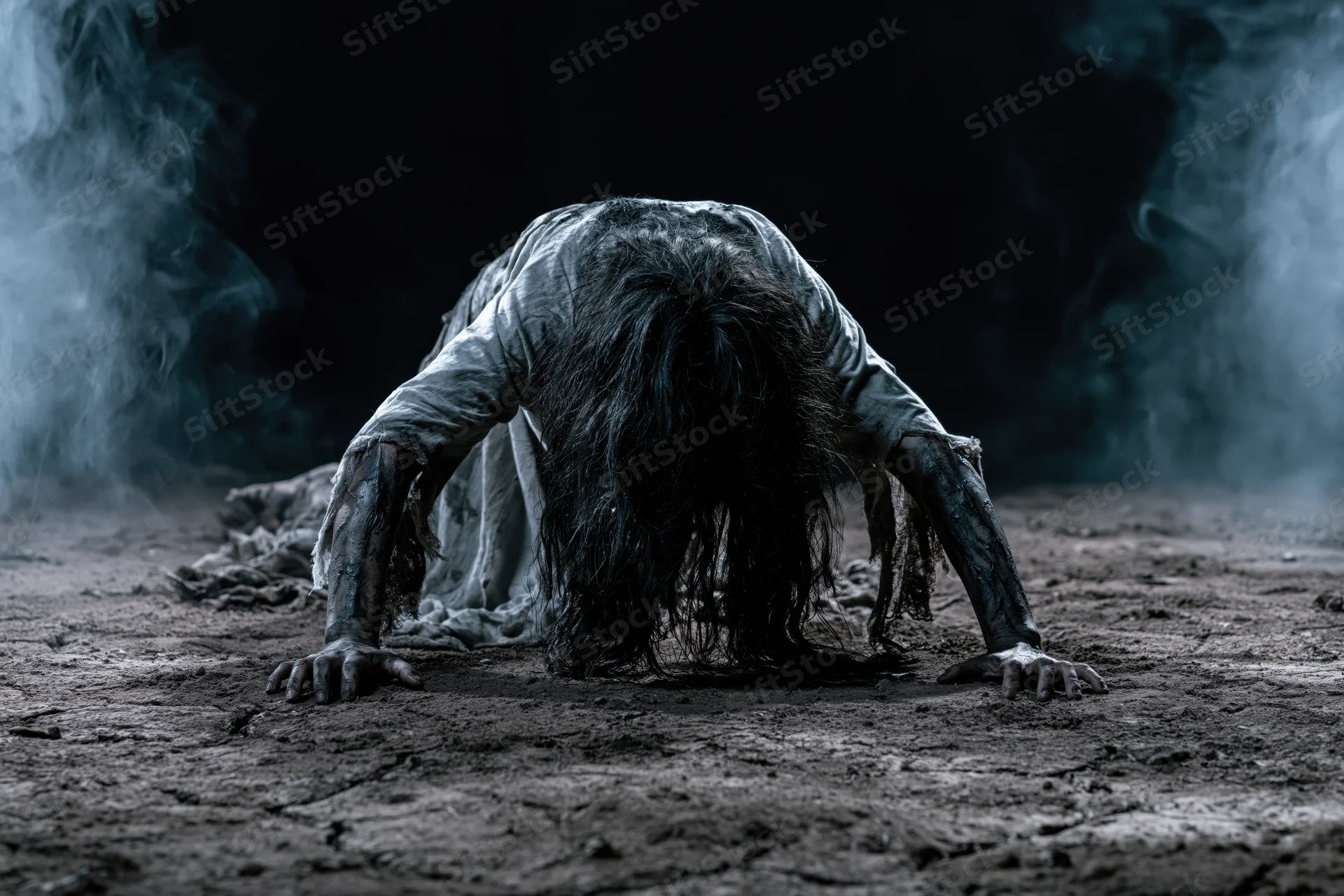 Zombie crawling low on cracked dirt ground in smoky dark environment