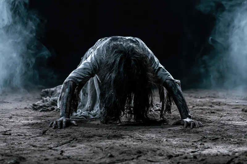 Zombie crawling low on cracked dirt ground in smoky dark environment