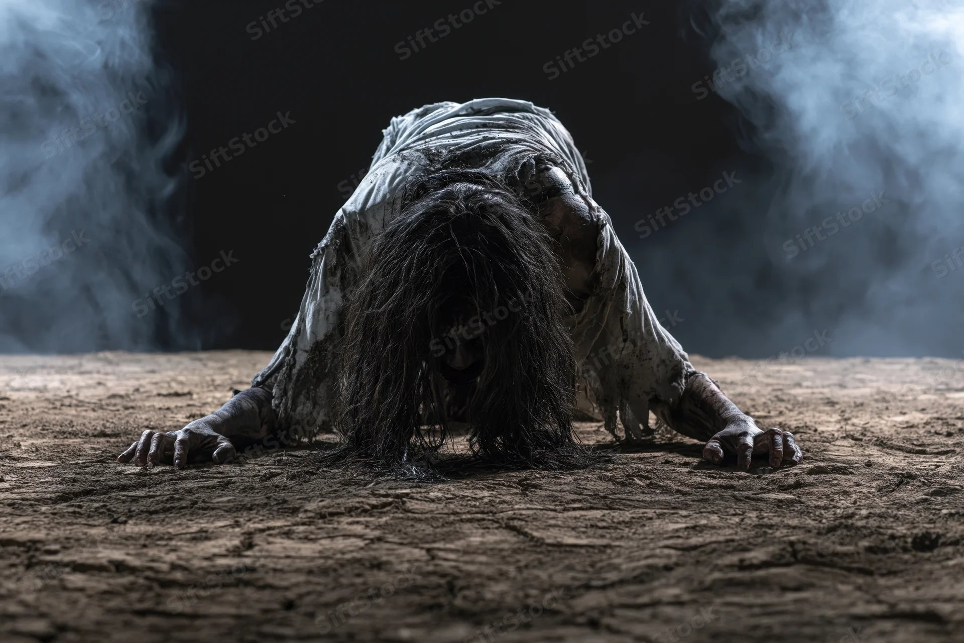 Zombie crawling low on cracked earth in smoky dark environment