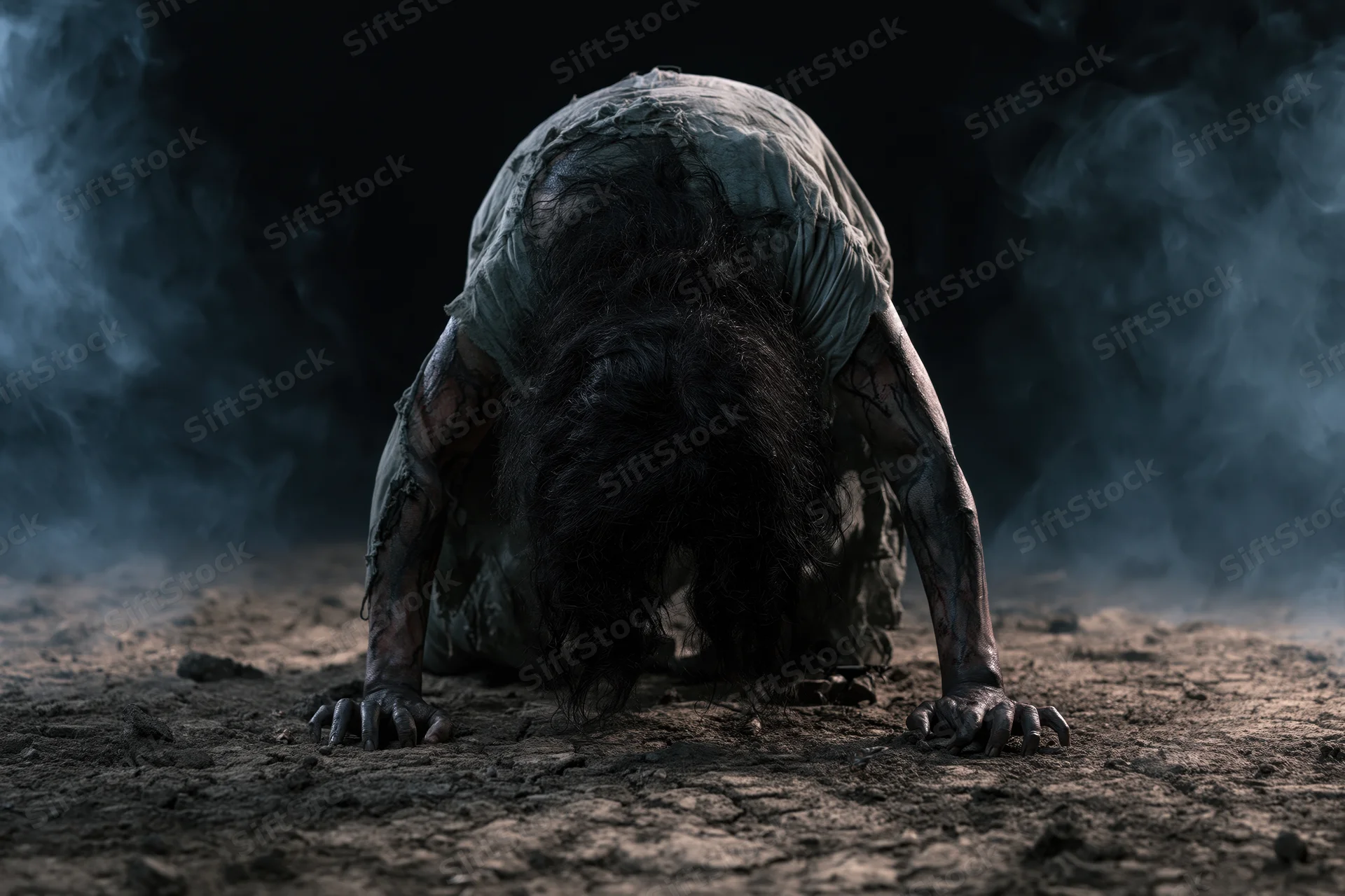 Zombie crawling low on muddy ground in smoky dark environment