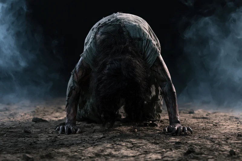 Zombie crawling low on muddy ground in smoky dark environment