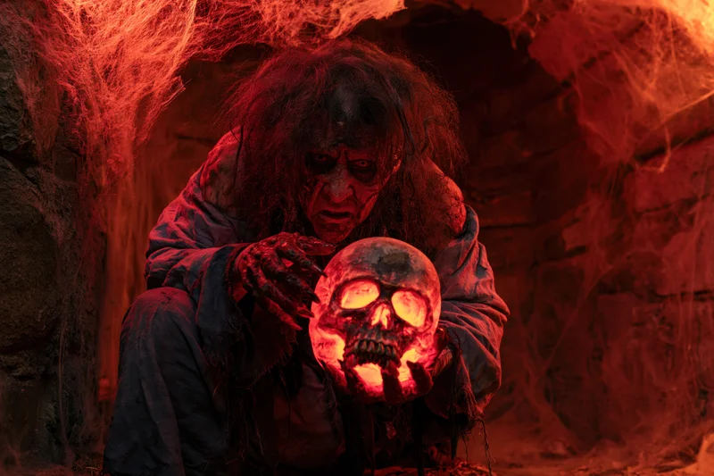 Zombie with glowing skull in dark cave covered in cobwebs