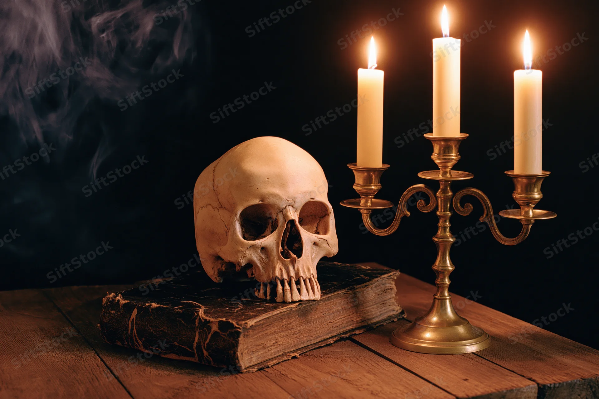 Human skull resting on an old book beside a lit brass candelabra on a wooden table