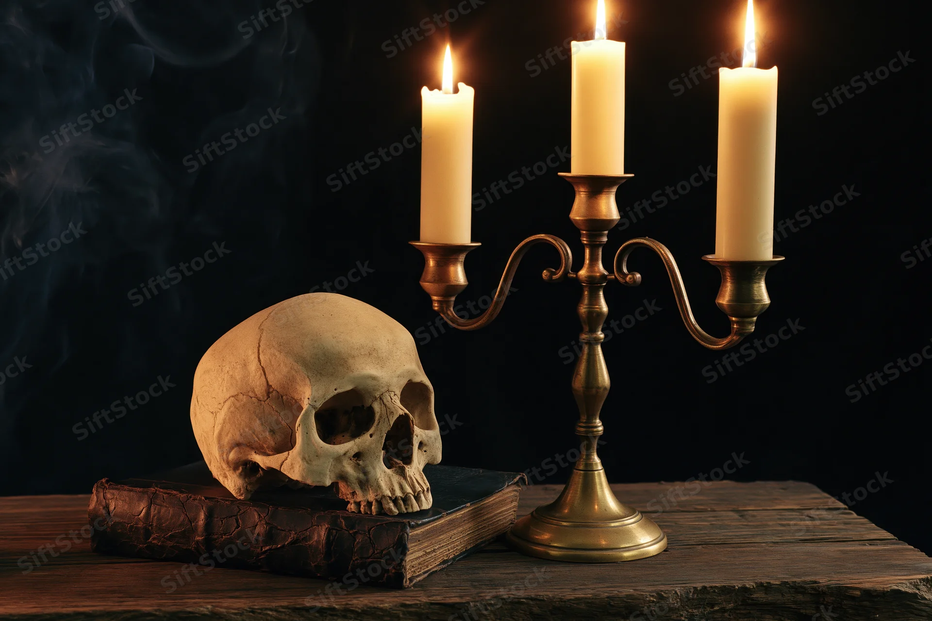 Human skull resting on an old leather-bound book beside a brass candelabra with lit candles on a wooden table
