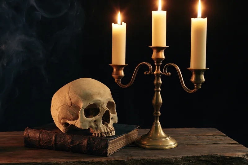 Human skull resting on an old leather-bound book beside a brass candelabra with lit candles on a wooden table