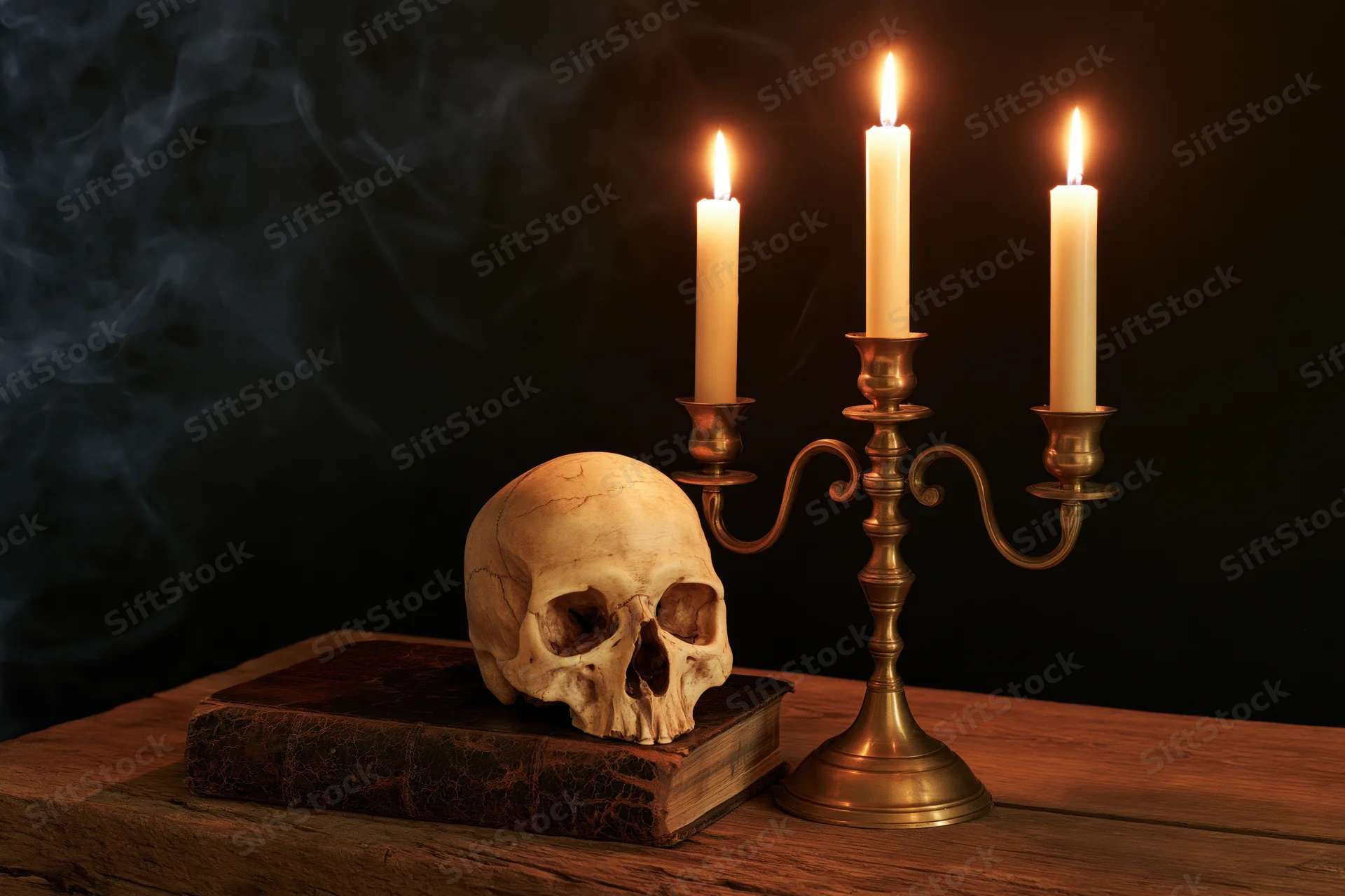 Human skull resting on an old book beside a lit brass candelabra on a wooden table with smoke in the dark background