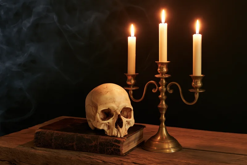 Human skull resting on an old book beside a lit brass candelabra on a wooden table with smoke in the dark background