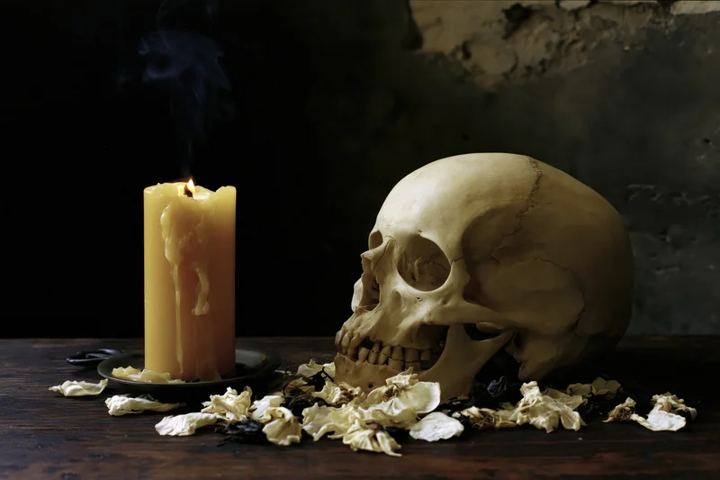 Human skull resting beside a burning candle on a dark wooden table with scattered dried petals and smoke