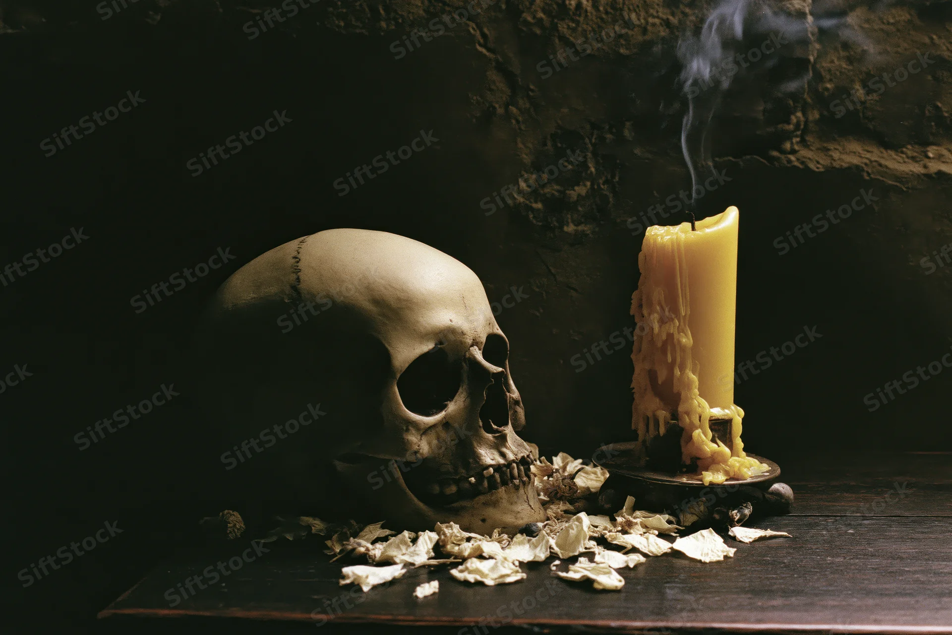Human skull resting beside a smoking candle on a dark wooden table against a stone wall