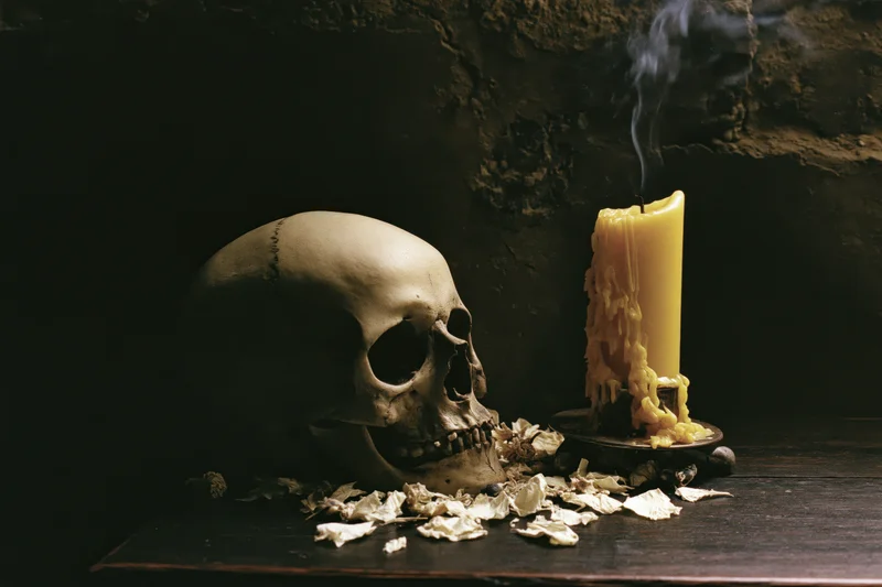 Human skull resting beside a smoking candle on a dark wooden table against a stone wall