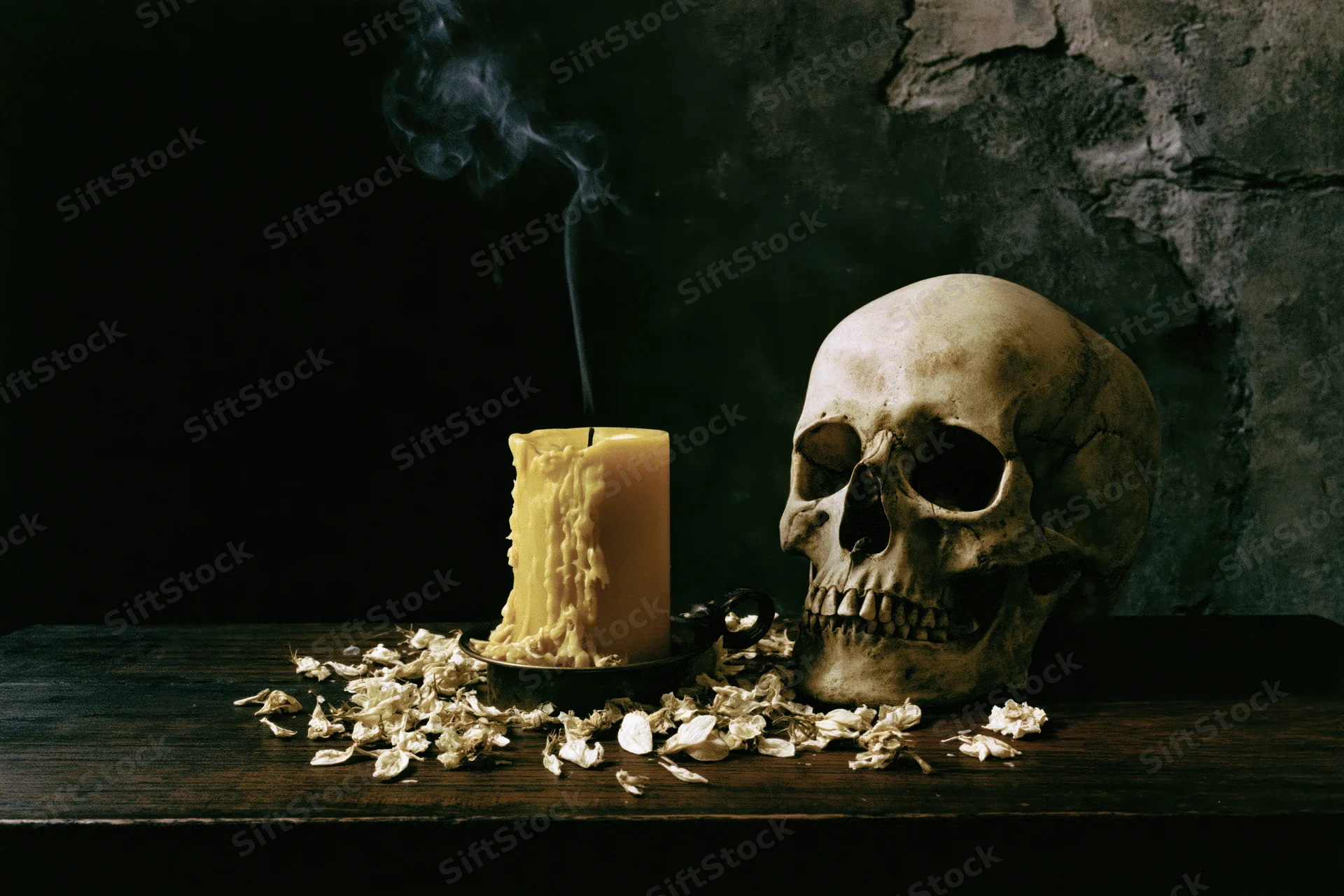 Human skull beside a smoking candle on a dark wooden table with dried petals and textured wall