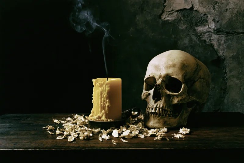 Human skull beside a smoking candle on a dark wooden table with dried petals and textured wall
