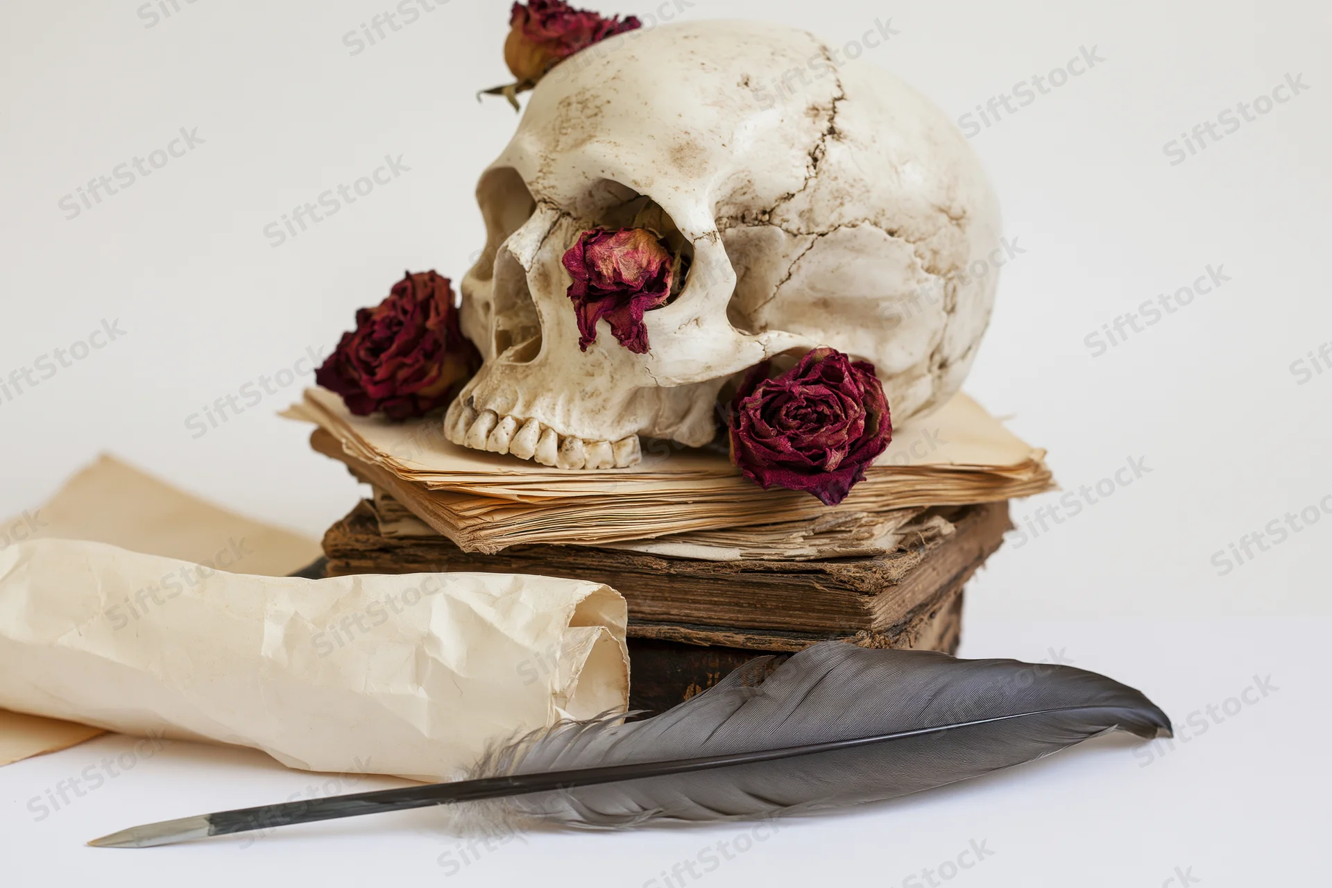 Human skull resting on stack of worn antique books with dried roses and feather quill on white background