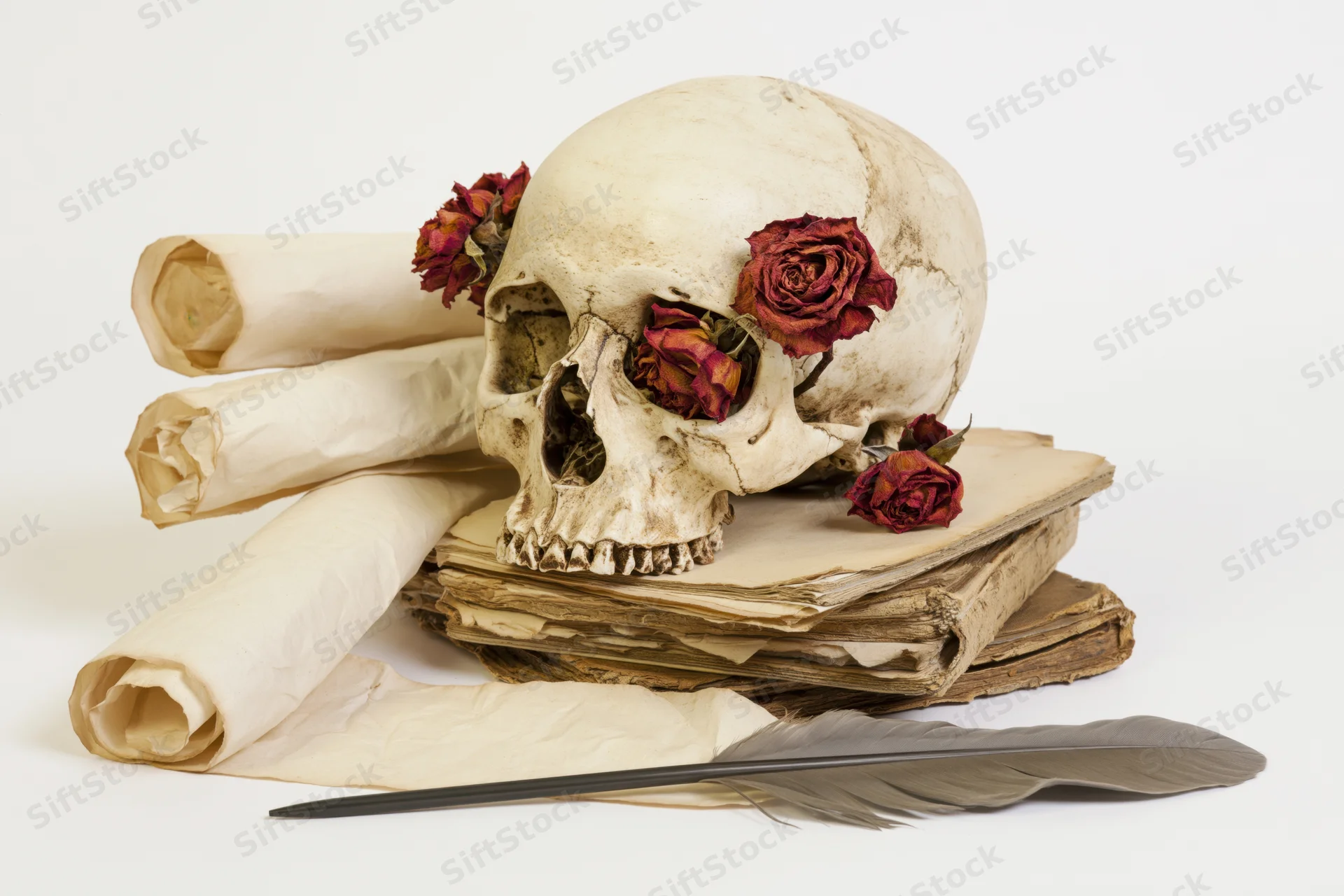 Human skull adorned with dried roses resting on a stack of antique books and scrolls with a feather quill in front