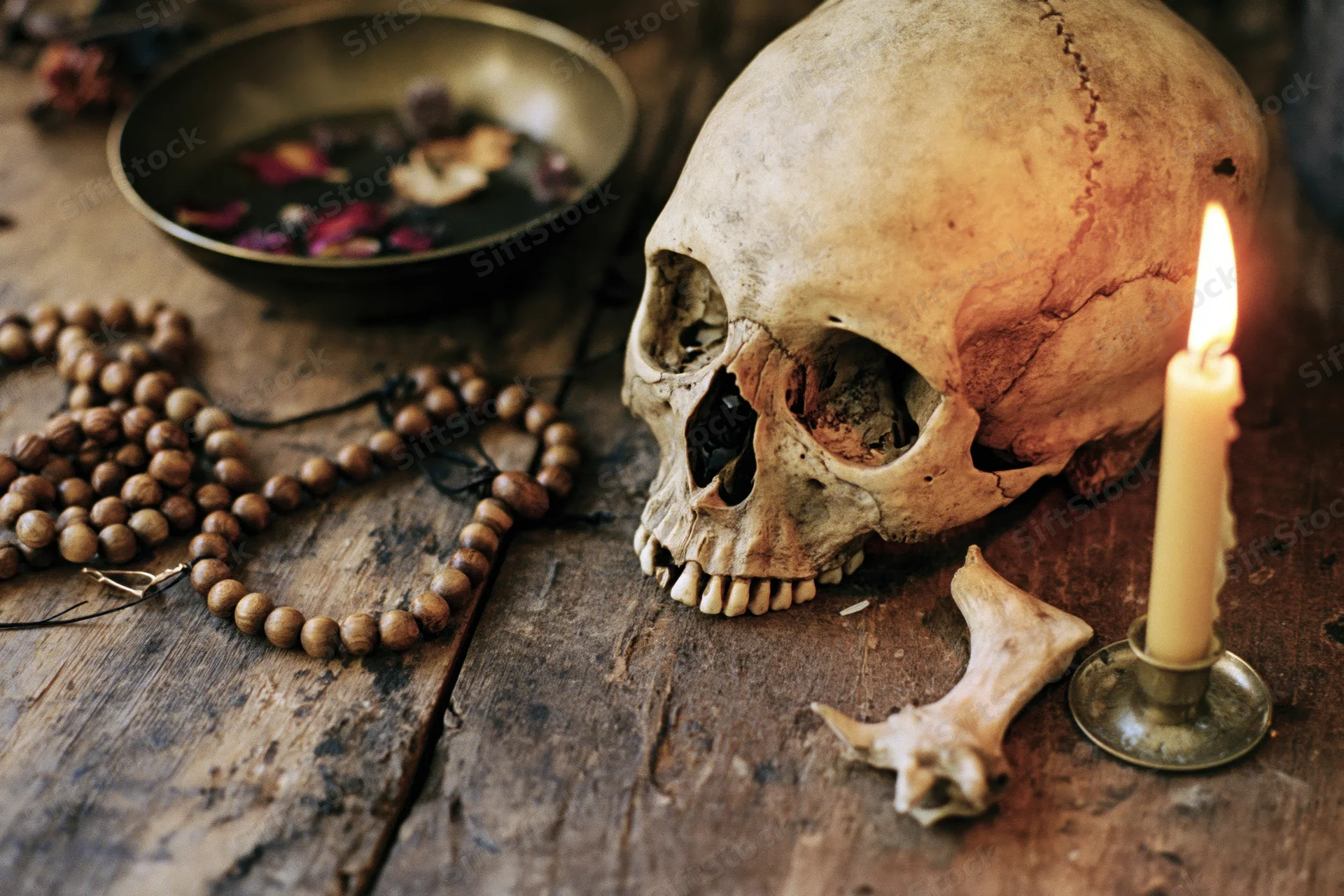 Human skull with lit candle and ritual objects on wooden table