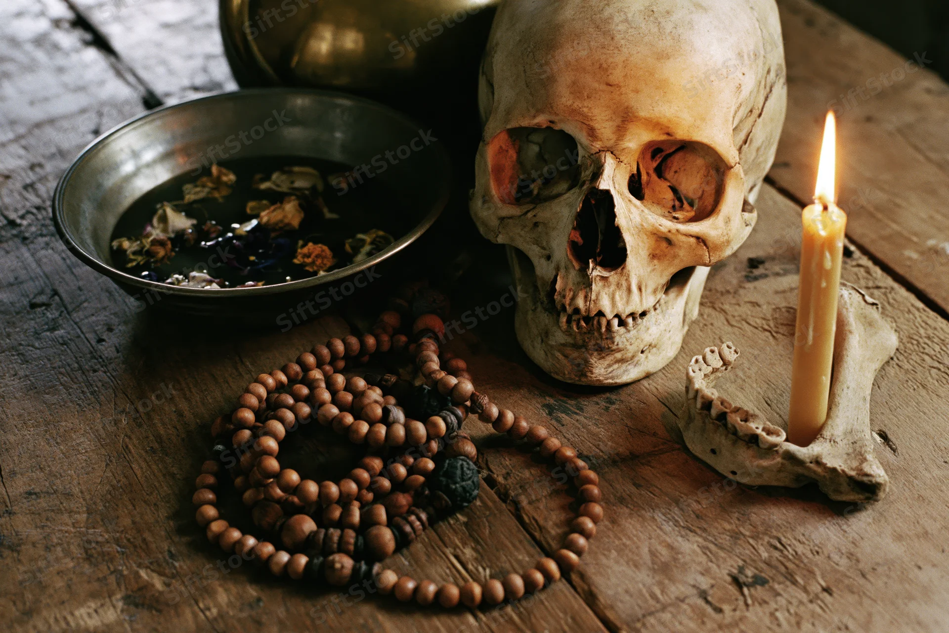 Human skull on wooden table with lit candle, beads, and bowl of herbs