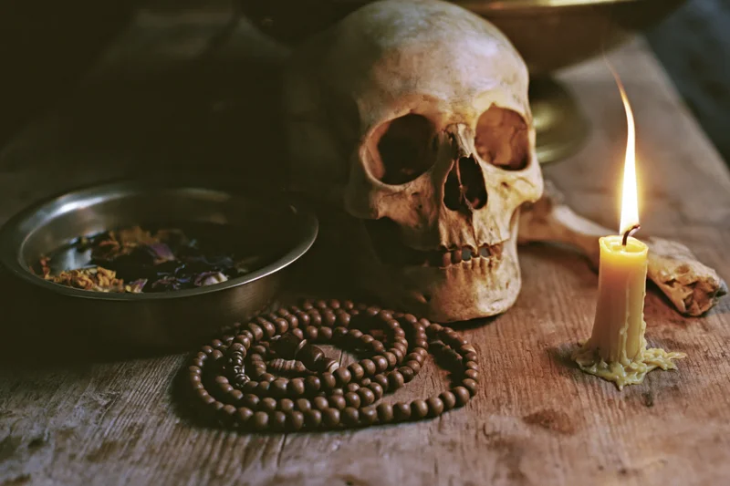 Human skull on wooden table with lit candle, beads, bowl of herbs, and bone fragment, dimly lit by flame