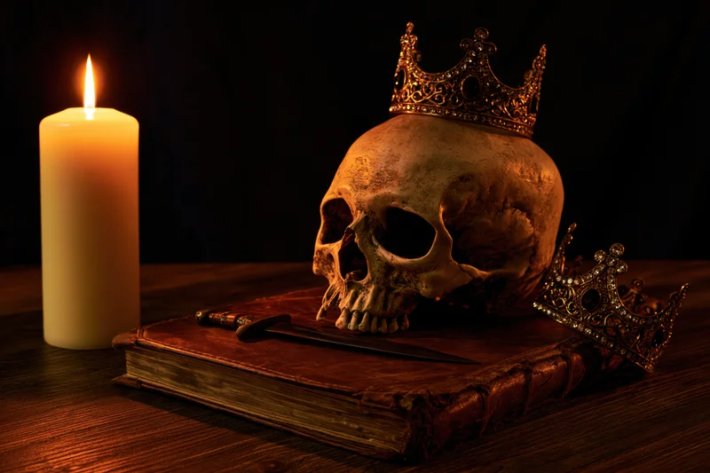 Human skull wearing a crown resting on an aged leather-bound book beside a lit candle and a dagger on a wooden surface