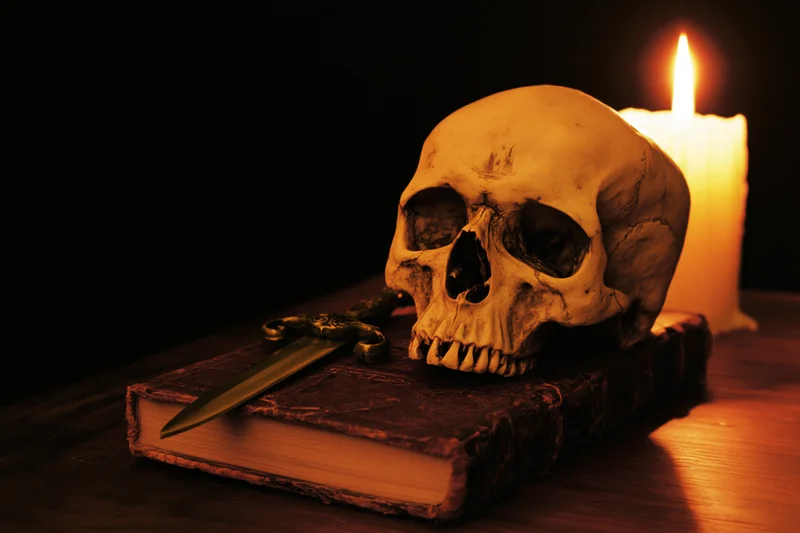 Human skull resting on an old leather-bound book beside a lit candle with a dagger on the book, on a wooden table in dark setting