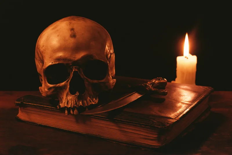 Human skull resting on an old leather-bound book with a knife and lit candle beside it on a wooden table