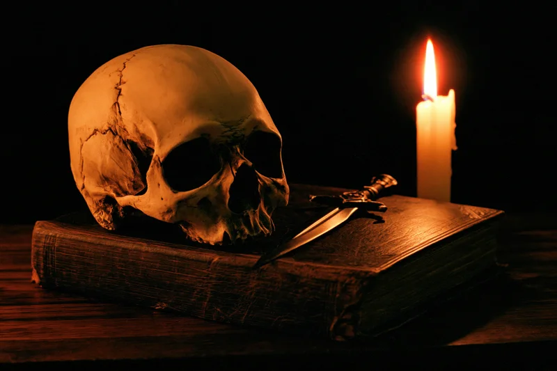 Human skull resting on an old leather-bound book beside a lit candle with a dagger on the table