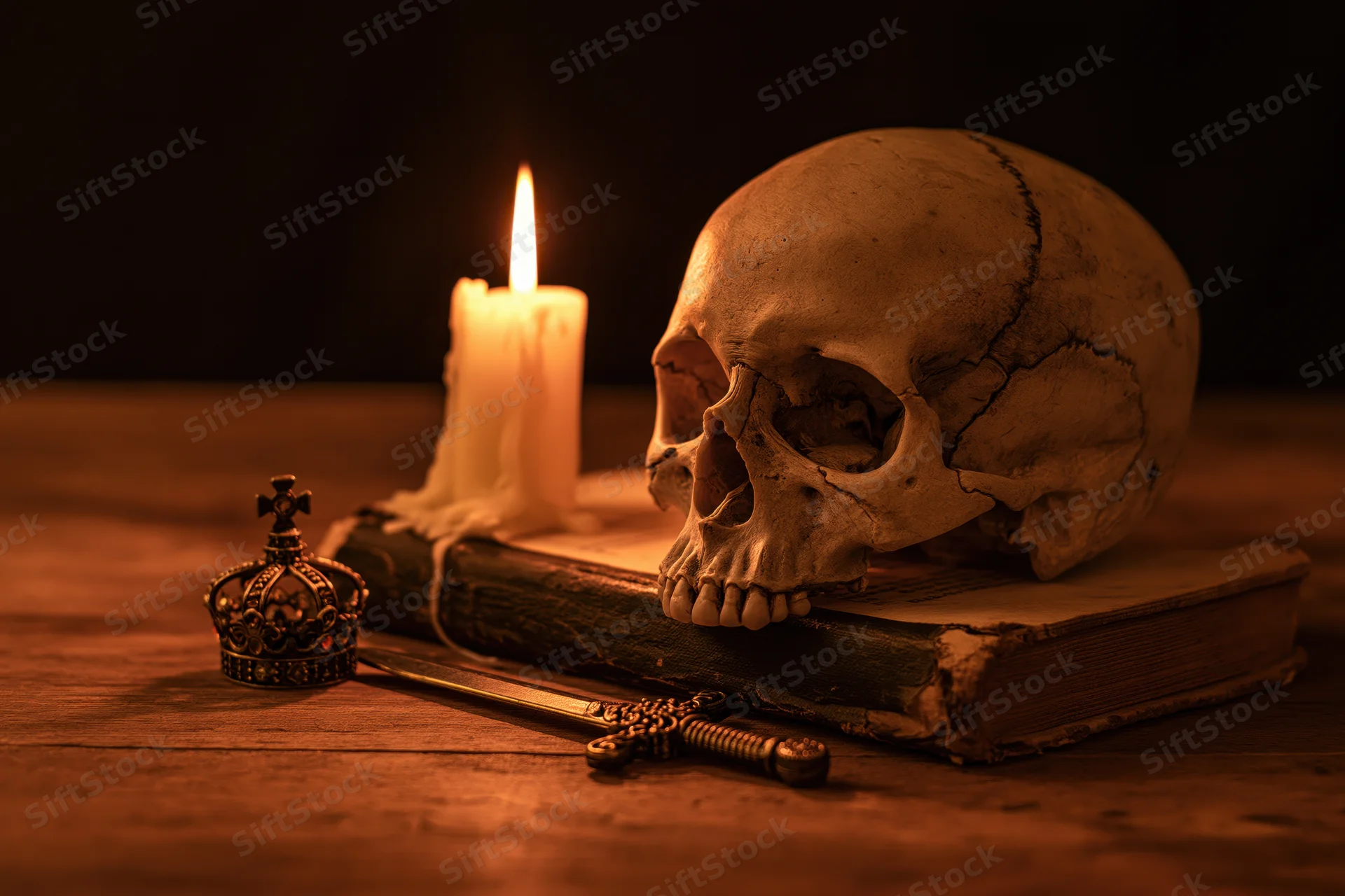 Human skull resting on old worn book beside lit candle on wooden table