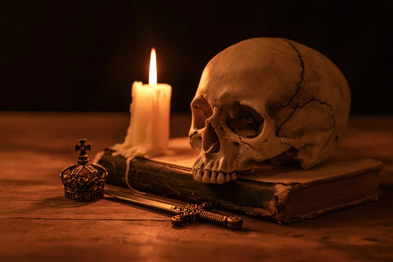 Human skull resting on old worn book beside lit candle on wooden table