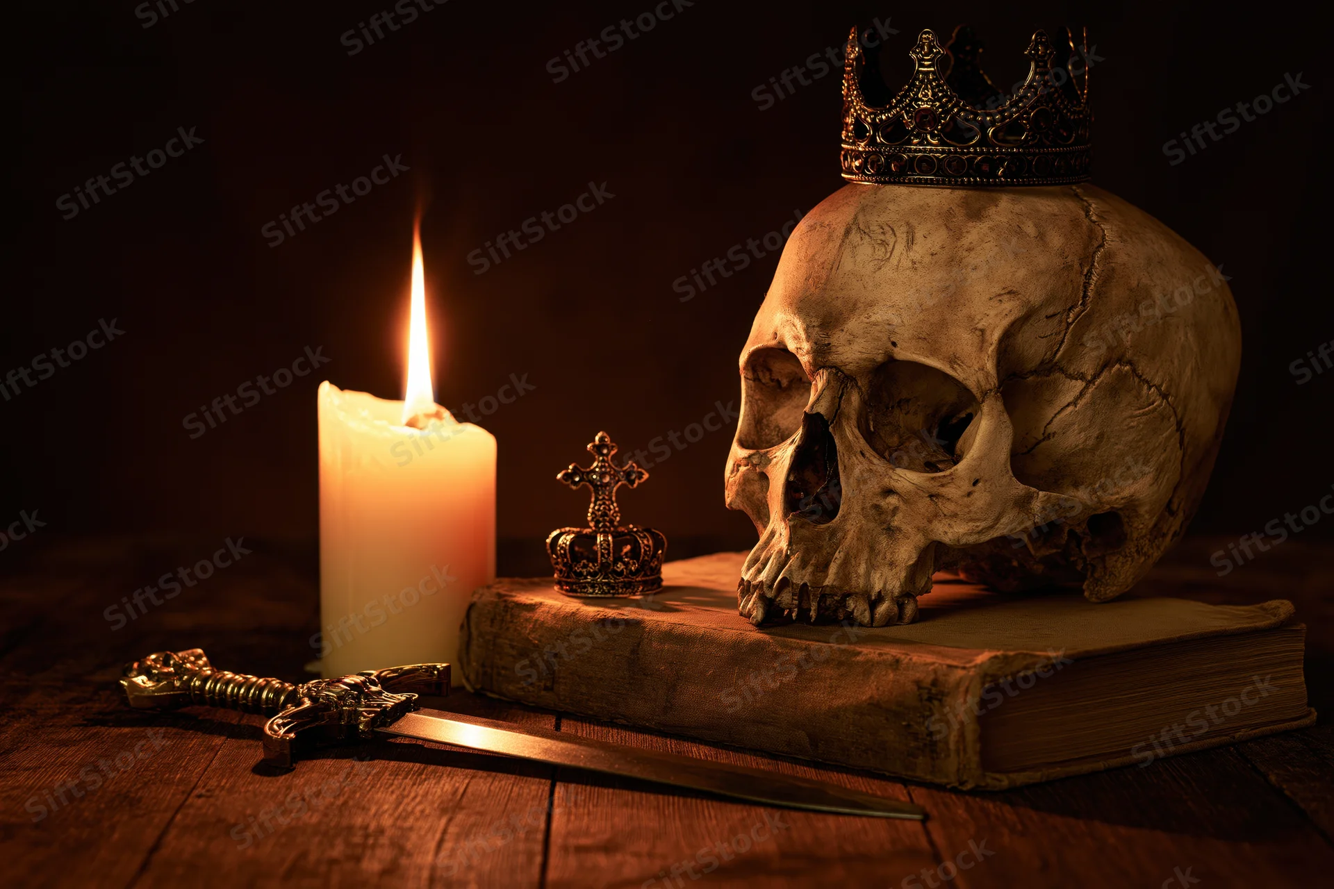 Human skull wearing crown resting on old book beside lit candle and sword on wooden table