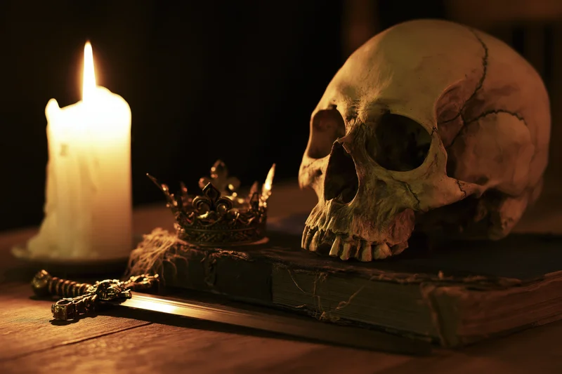 Human skull resting on an old worn book beside a lit candle on a wooden table with a crown and key nearby