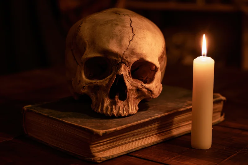 Human skull resting on an old worn book beside a lit candle on a wooden table