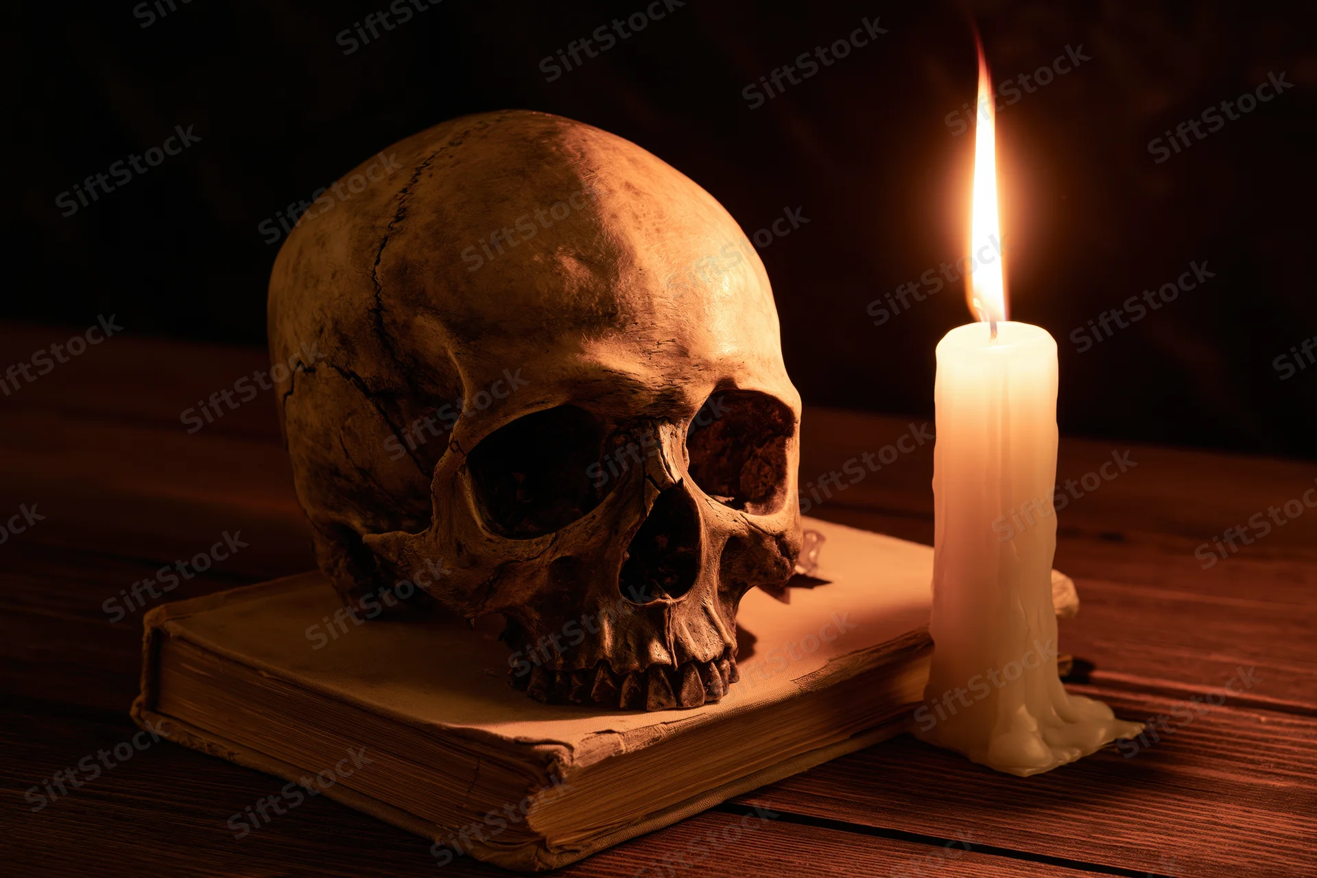 Human skull resting on an old worn book beside a lit candle on a wooden table