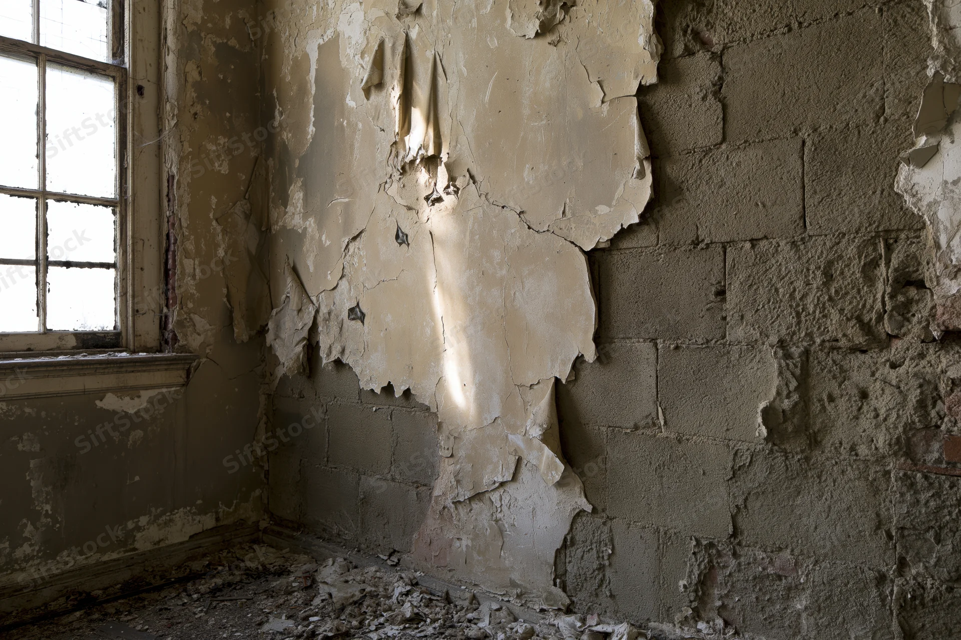 Crumbling plaster on a wall in an abandoned building corner with light from a window